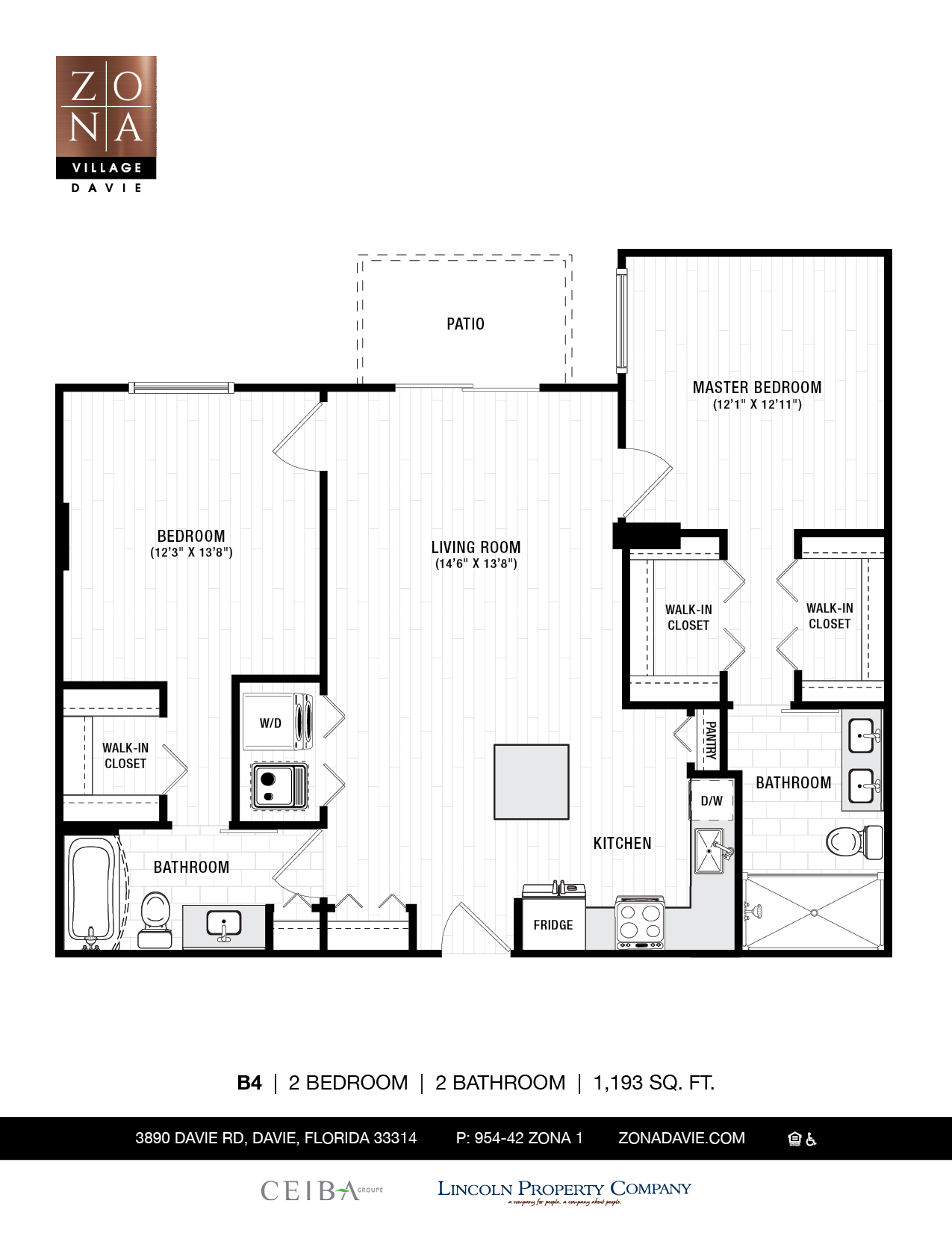 Floor plan for 2 beds, 2 baths, 1193 sqft